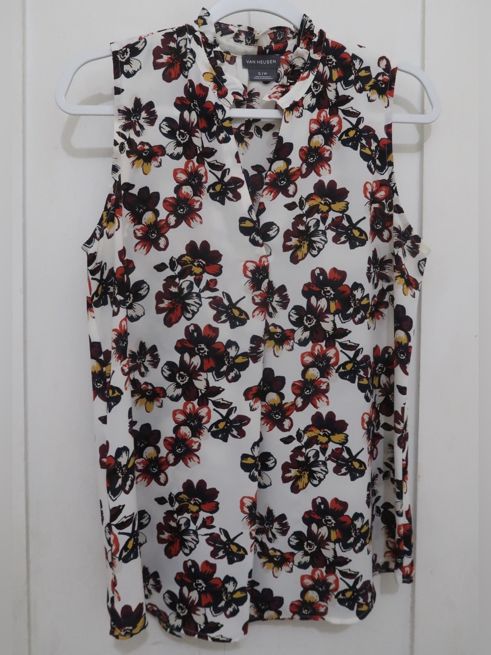 Van Heusen White Floral Sleeveless V-Neck Top with Red, Black & Yellow Accents